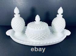 Fenton Hobnail Milk Glass Complete Vanity Set Tray, Puff Box & Perfume'55-'65