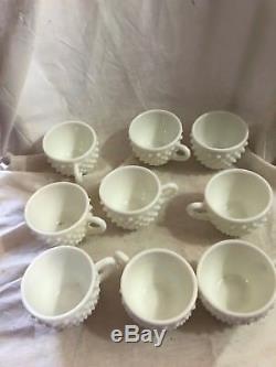 Fenton Hobnail Milk Glass Punch Bowl Base and 9 Punch Cups