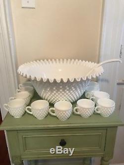 Fenton Hobnail Milk Glass Punch Bowl With 12 Cups And Ladle