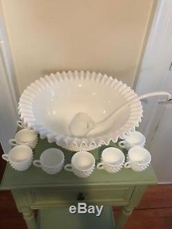 Fenton Hobnail Milk Glass Punch Bowl With 12 Cups And Ladle