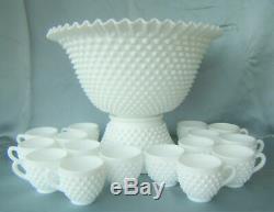 Fenton Hobnail Milk Glass Punch Bowl with 16 Cups, Base and Glass Ladle