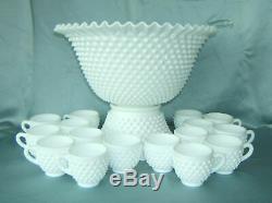 Fenton Hobnail Milk Glass Punch Bowl with 16 Cups, Base and Glass Ladle