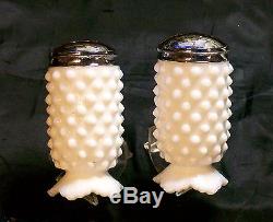 Fenton Hobnail Milk Glass Salt & Pepper Shakers Nickel Plated Brass Lids Heavy