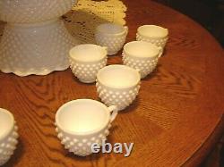 Fenton Hobnail White Milk Glass Punch Bowl & 12 Cups With Stand Ruffled Edge