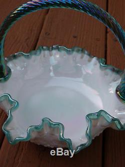 Fenton Iridized Milk Glass Spanish Lace Basket Teal edge & Handle Mint! 1988