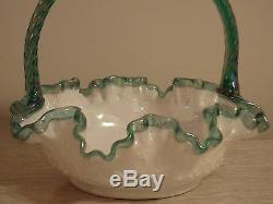 Fenton Iridized Milk Glass Spanish Lace Basket Teal edge & Handle Mint! 1988