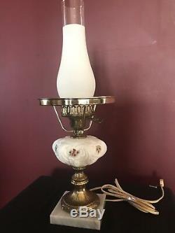 Fenton Lamp MILK GLASS with Marble Base CARDINALS IN WINTER signed P. Bennett