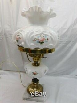 Fenton Lamp MILK GLASS with roses Marble Base Hand Painted Louise Piper