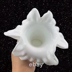Fenton Large Hobnail White Milk Glass Ruffled 1960s Glass Vase Tall 10.5T 6W