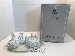 Fenton Limited Edition Milk Glass Flower Design Perfume Glasses + Powder Bowl