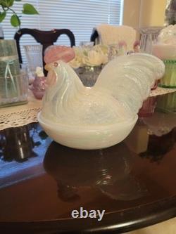 Fenton Milk Glass Glossy White Pink Hen Rooster Covered Dish Decorative 8in
