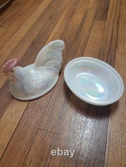 Fenton Milk Glass Glossy White Pink Hen Rooster Covered Dish Decorative 8in