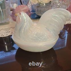 Fenton Milk Glass Glossy White Pink Hen Rooster Covered Dish Decorative 8in