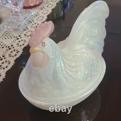 Fenton Milk Glass Glossy White Pink Hen Rooster Covered Dish Decorative 8in