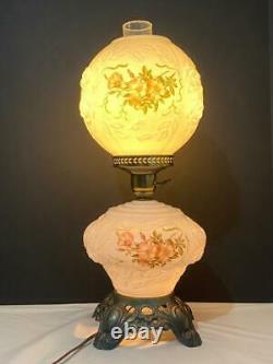 Fenton Milk Glass Gone with the Wind Hurricane Table Lamp with Pink Flowers Vtg