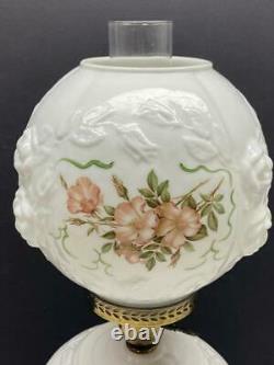 Fenton Milk Glass Gone with the Wind Hurricane Table Lamp with Pink Flowers Vtg