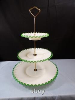 Fenton Milk Glass Green Emerald Crest 3 Tier Handled Tidbit Serving Tray INV2