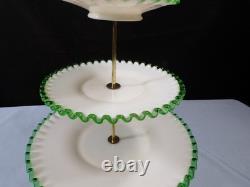 Fenton Milk Glass Green Emerald Crest 3 Tier Handled Tidbit Serving Tray INV2