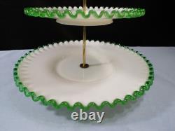 Fenton Milk Glass Green Emerald Crest 3 Tier Handled Tidbit Serving Tray INV2