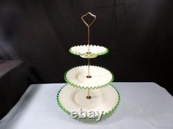 Fenton Milk Glass Green Emerald Crest 3 Tier Handled Tidbit Serving Tray INV2