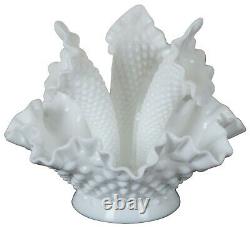 Fenton Milk Glass Hobnail 3 Horn Ruffle Epergne Centerpiece Flower Bud Vase Bowl