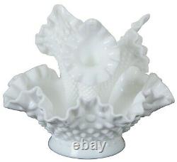 Fenton Milk Glass Hobnail 3 Horn Ruffle Epergne Centerpiece Flower Bud Vase Bowl