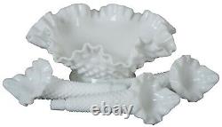 Fenton Milk Glass Hobnail 3 Horn Ruffle Epergne Centerpiece Flower Bud Vase Bowl