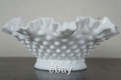 Fenton Milk Glass Hobnail 3 Horn Ruffle Epergne Centerpiece Flower Bud Vase Bowl