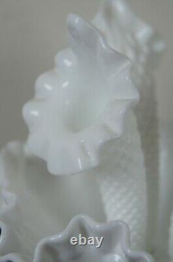 Fenton Milk Glass Hobnail 3 Horn Ruffle Epergne Centerpiece Flower Bud Vase Bowl