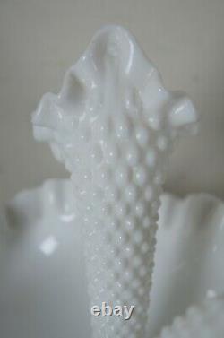 Fenton Milk Glass Hobnail 3 Horn Ruffle Epergne Centerpiece Flower Bud Vase Bowl