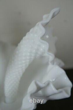 Fenton Milk Glass Hobnail 3 Horn Ruffle Epergne Centerpiece Flower Bud Vase Bowl