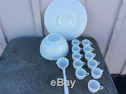 Fenton Milk Glass Punch Bowl Hobnail Set Torte Plate Underplate Ladle (11) Cups