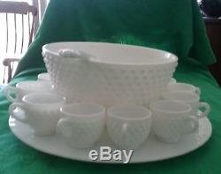 Fenton Milk Glass Punch Bowl Hobnail Set Torte Plate Underplate Ladle 12 Cups