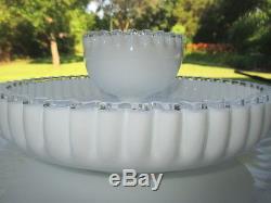 Fenton Milk Glass & Silver Crest Crimped Sandwich Platter Tray Chip & Dip Bowl