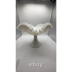 Fenton Milk Glass Silver Crest Square Footed Fruit Bowl 12 Ruffled Pedestal