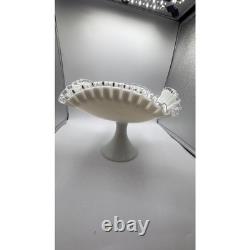 Fenton Milk Glass Silver Crest Square Footed Fruit Bowl 12 Ruffled Pedestal