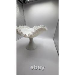 Fenton Milk Glass Silver Crest Square Footed Fruit Bowl 12 Ruffled Pedestal