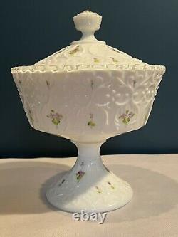 Fenton Milk Glass Silvercrest Footed Covered Candy Dish Hand Painted/SIgned