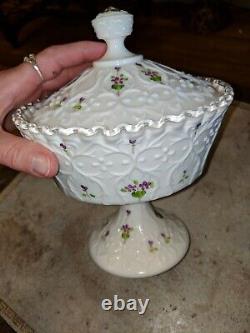 Fenton Milk Glass Silvercrest Footed Covered Candy Dish Hand Painted Violets