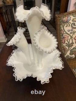 Fenton Milk Glass Silvercrest Silver Crest 4 Horn Epergne Vintage Original USA