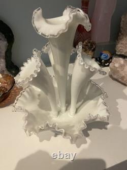 Fenton Milk Glass Silvercrest Silver Crest 4 Horn Epergne Vintage Original USA