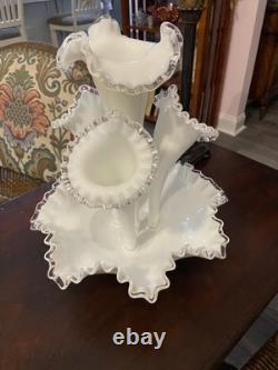 Fenton Milk Glass Silvercrest Silver Crest 4 Horn Epergne Vintage Original USA
