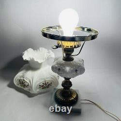 Fenton Milk GlassTable Lamp Hand Painted Violets in the Snow Electric Student