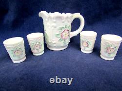 Fenton Mini 5 pc. Water Pitcher Set Iridized Milk Glass Hand Painted 2000