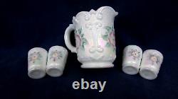 Fenton Mini 5 pc. Water Pitcher Set Iridized Milk Glass Hand Painted 2000