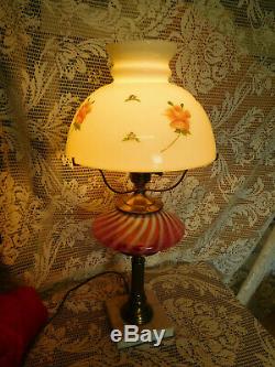 Fenton Opalescent Swirl Brass and Marble Electric Table Lamp & MILK Glass Shade
