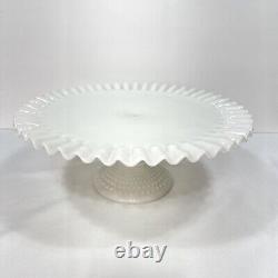 Fenton Pedestal Cake Plate Stand Milk Glass Ruffled Hobnail 12.75 x 5.5 Vintage