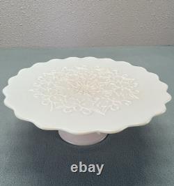 Fenton Pink Milk Glass Cake Stand Pedestal Spanish Lace 60s 13 wide 5 tall