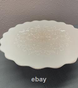 Fenton Pink Milk Glass Cake Stand Pedestal Spanish Lace 60s 13 wide 5 tall