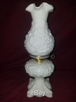 Fenton Poppy Lamp-Vintage White Milk Glass Oil Lamp Form GWTW Hurricane Parlor